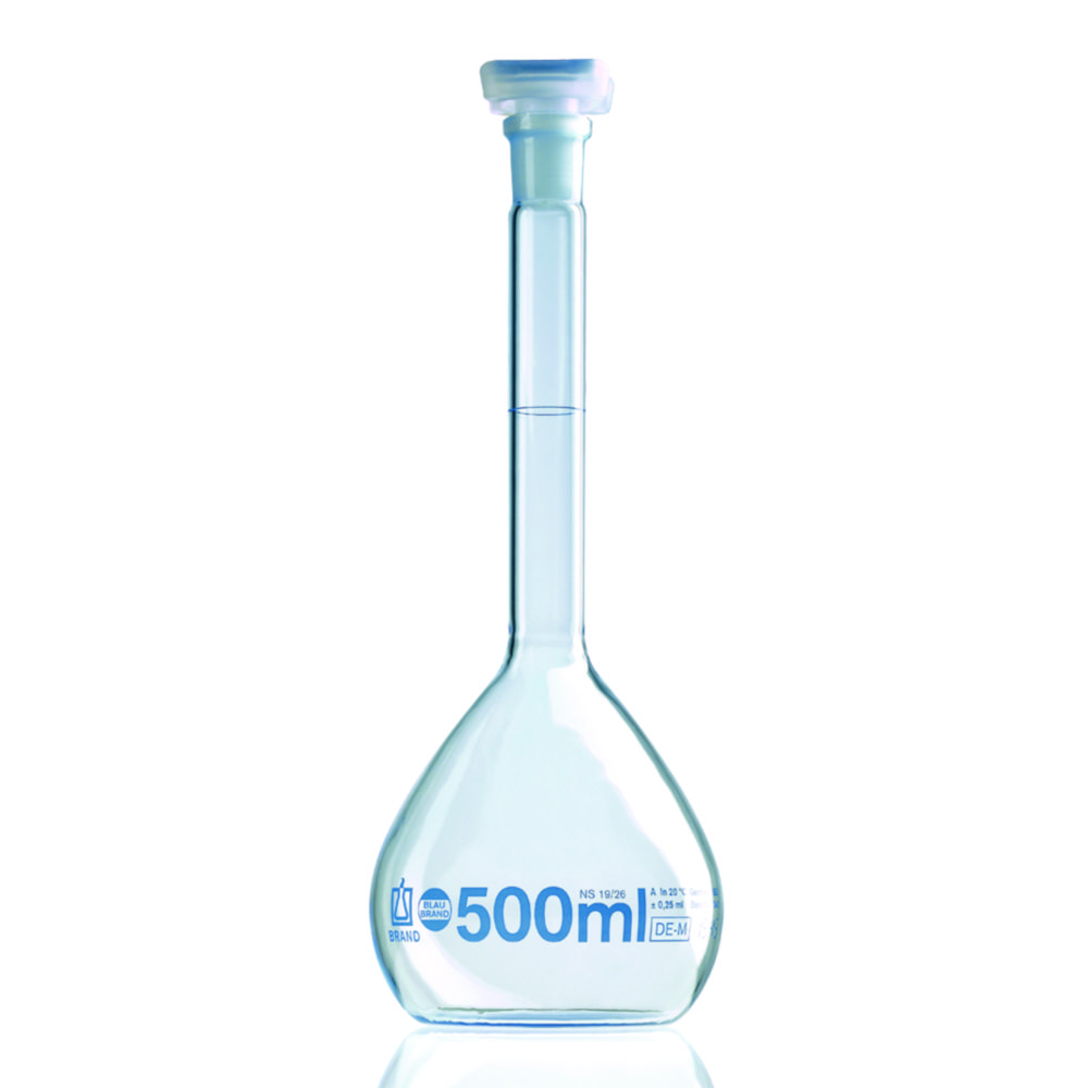 Volumetric flasks, boro 3.3, class A, blue graduations, incl. DAkkS calibration certificate