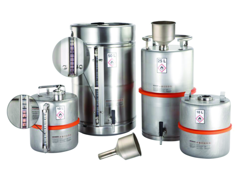 Safety barrels for solvents, with self-closing tap ¾'', with PFA level indicator