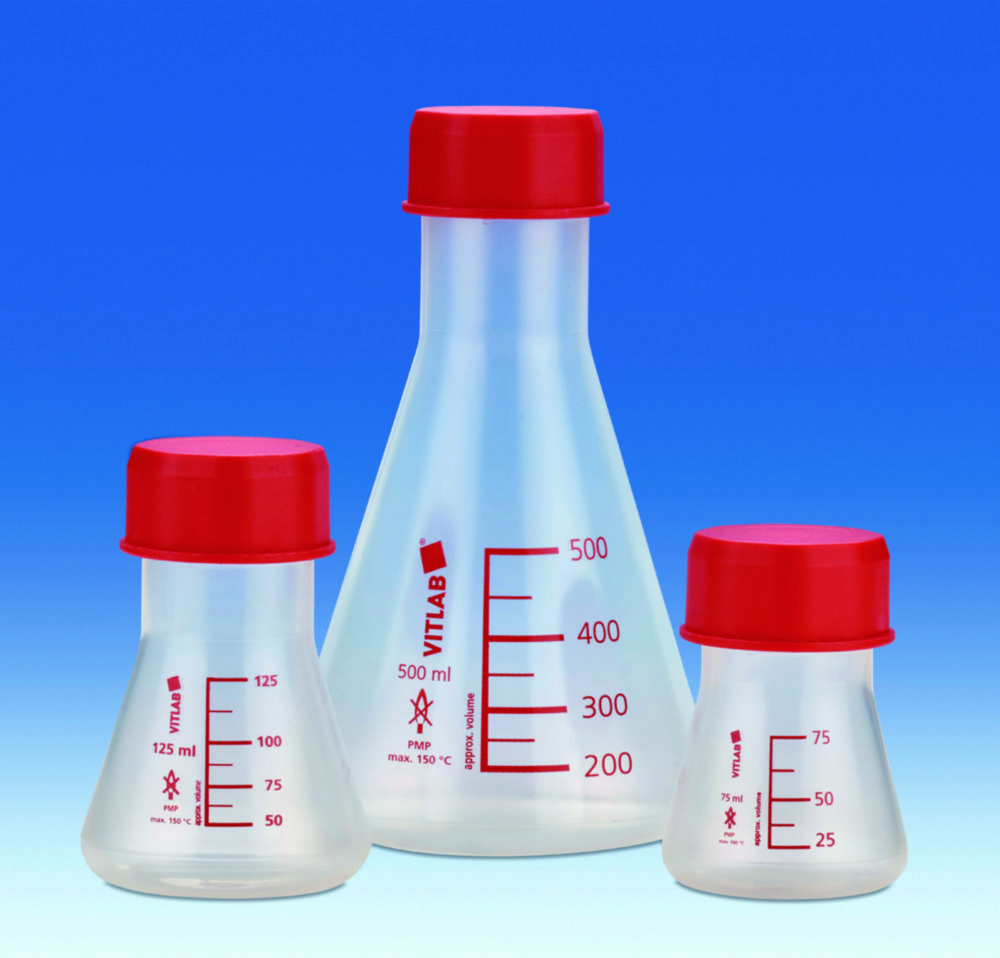 Erlenmeyer flasks, wide mouth, PMP, GL 45, with red screw cap, PP