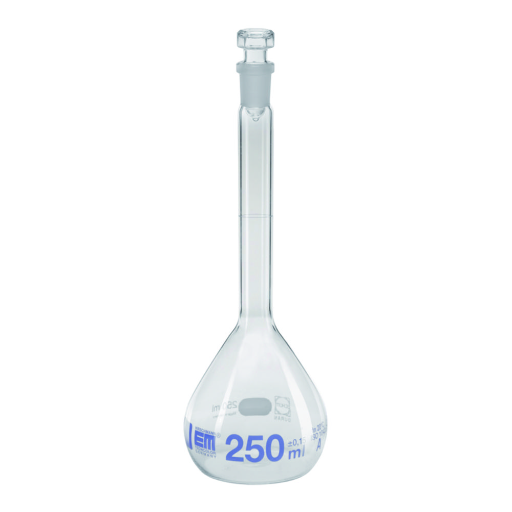 Volumetric flasks, DURAN®, class A, blue graduation, with hollow glass stopper