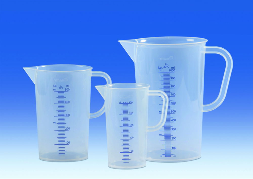 Graduated jugs, PP, moulded, blue graduations