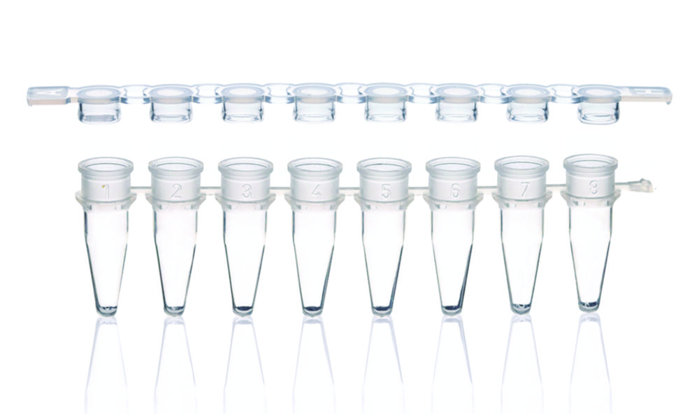 PCR tubes strips of 8, PP, with detached cap strips