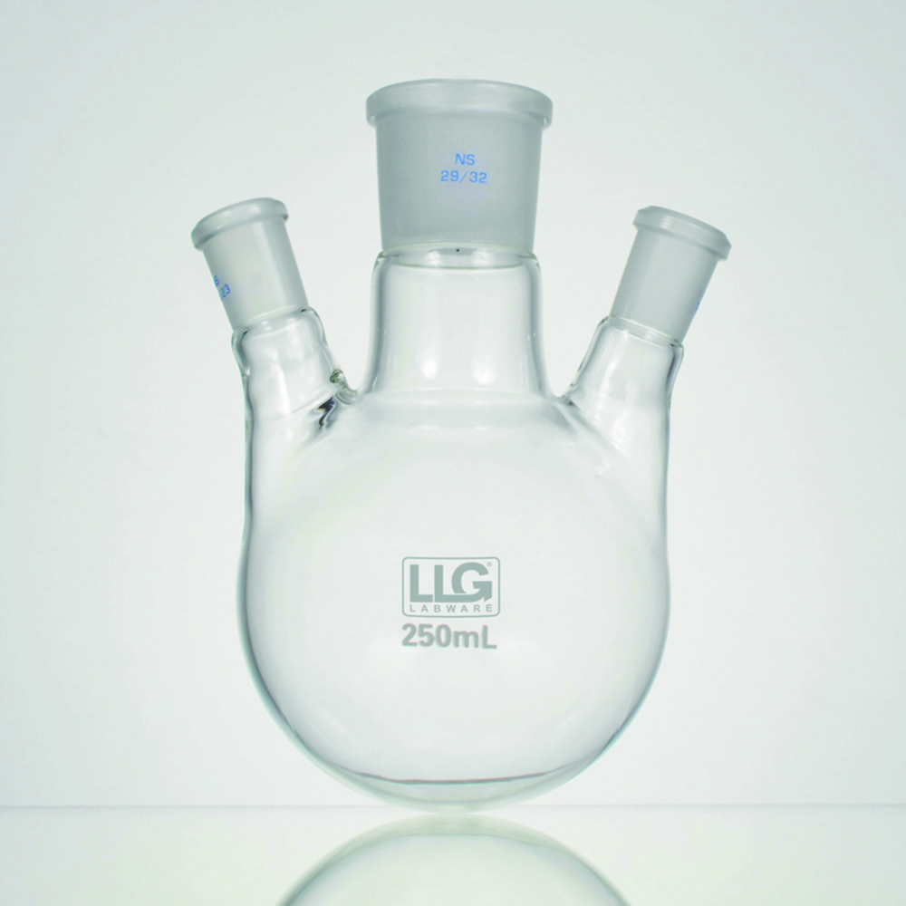 LLG-Three-neck round bottom flasks with standard ground joint, borosilicate glass 3.3, angled side necks