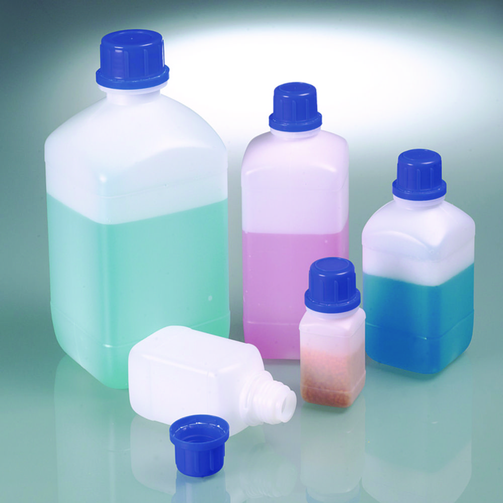 Narrow mouth square bottles, HDPE, with tamper-evident screw cap