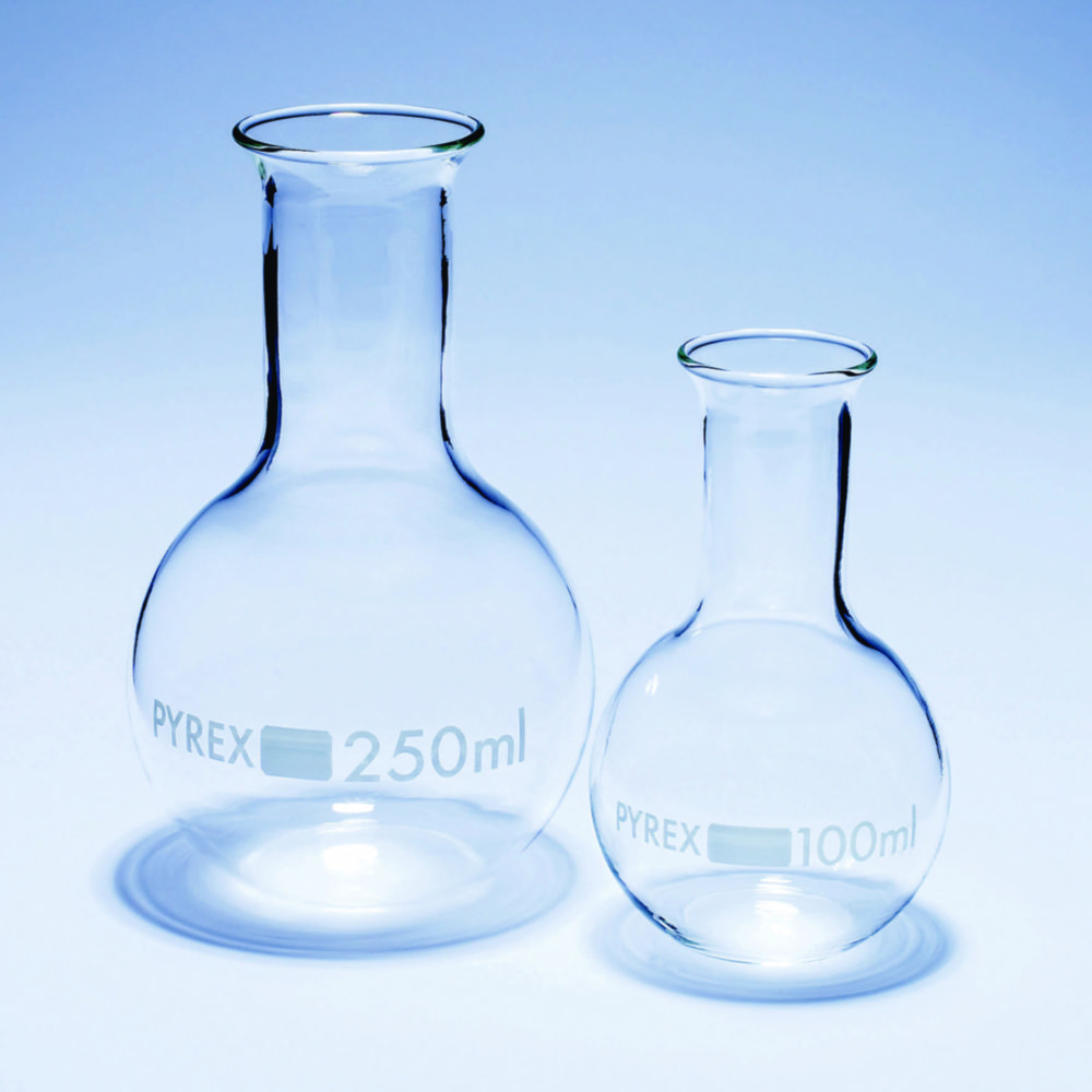 Boiling flasks, flat bottom, narrow neck, Pyrex®
