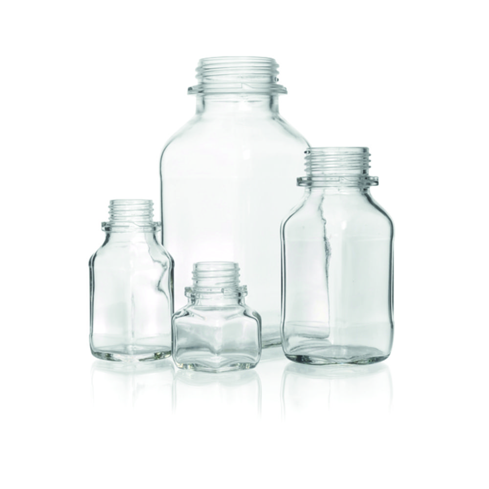 Square, screw cap bottles, soda-lime glass