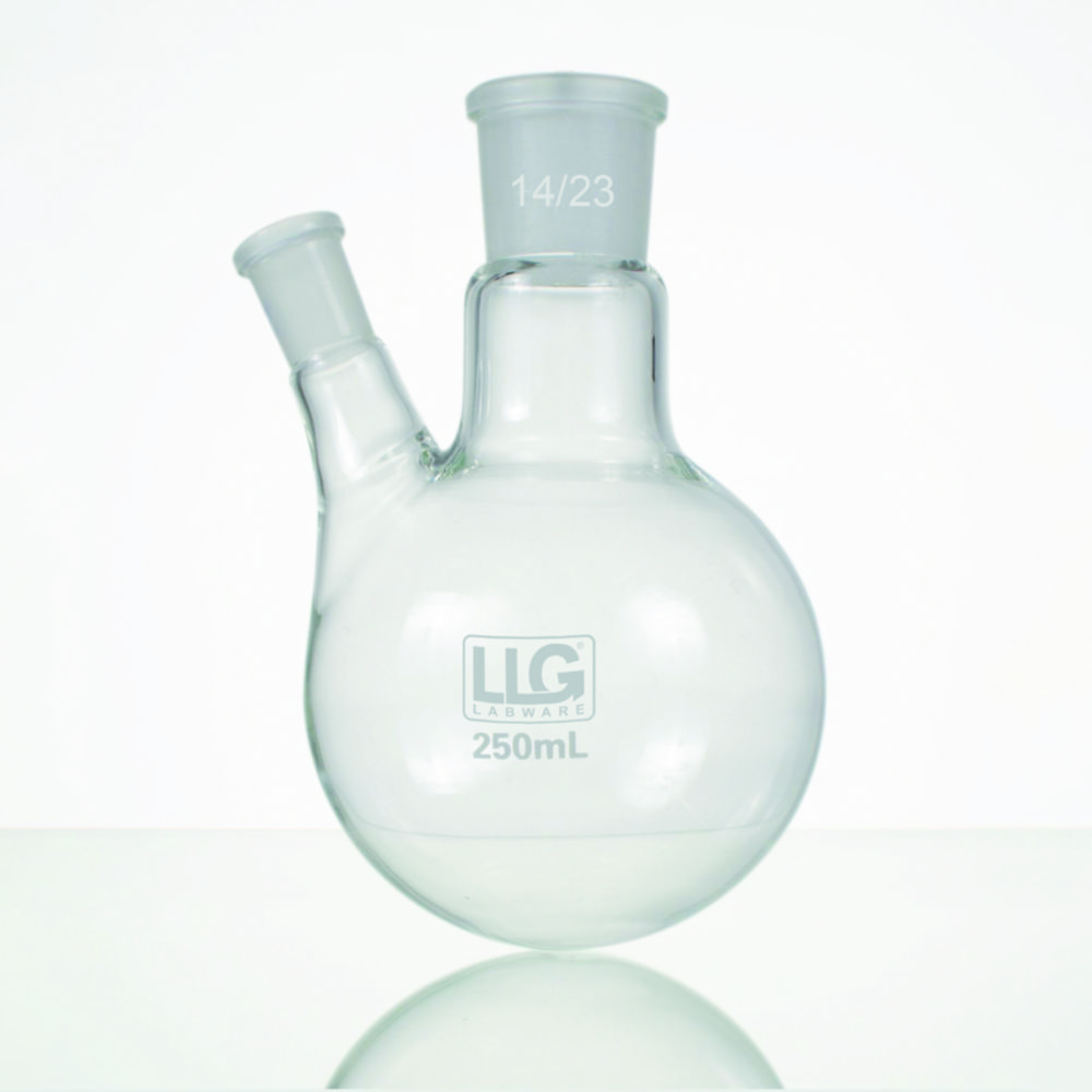 LLG-Two-neck round bottom flasks with standard ground joint, borosilicate glass 3.3, angled side neck