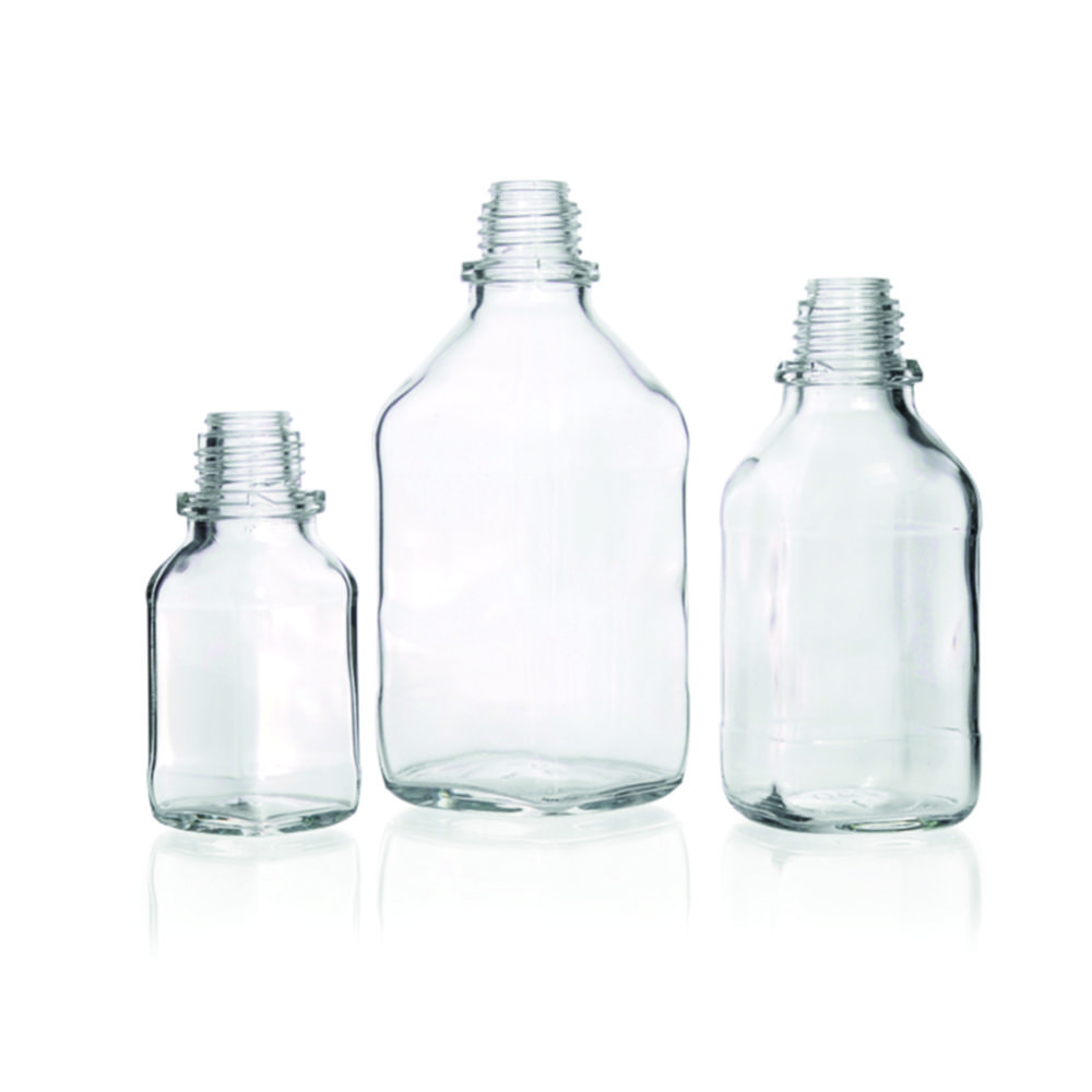 Narrow-mouth square bottles, soda-lime glass