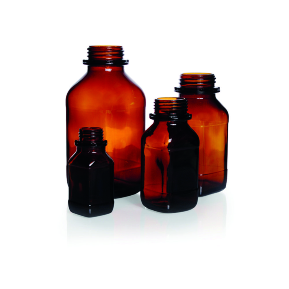 Square, screw cap bottles, soda-lime glass, amber glass