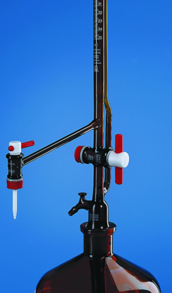 Automatic burettes, Pellet pattern, boro 3.3, amber, class B, with intermediate stopcock