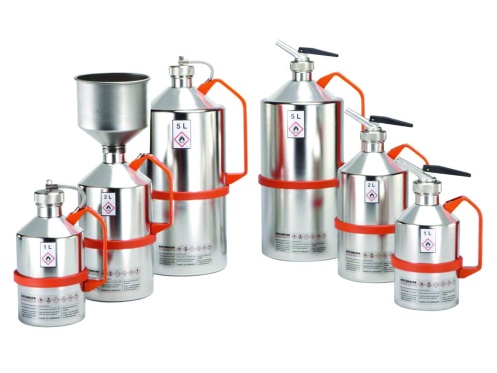 Safety cans for solvents, with self-closing, metering device 1¼", polished