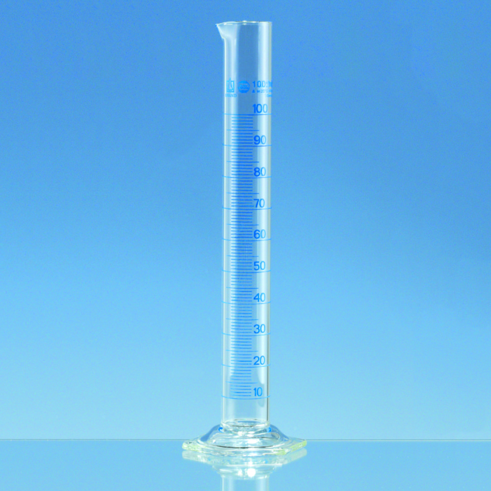 Measuring cylinders, boro 3.3, tall form, class A, blue graduations, with individual certificate