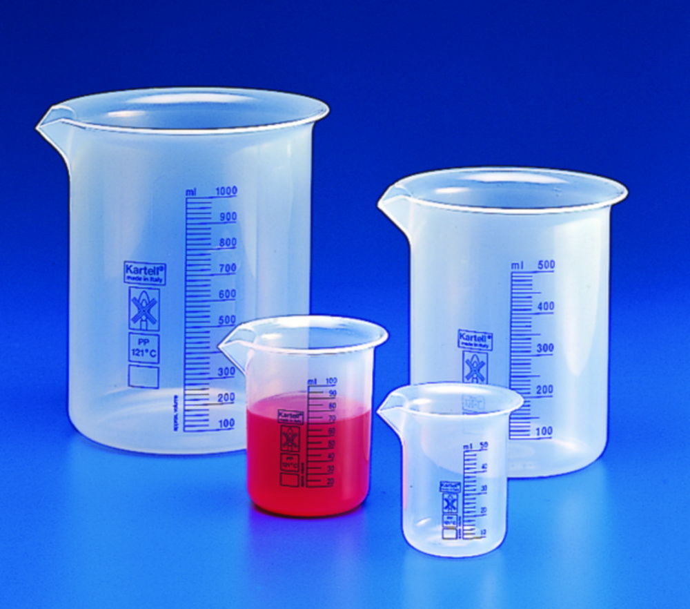 Beakers, PP, low form, blue graduations